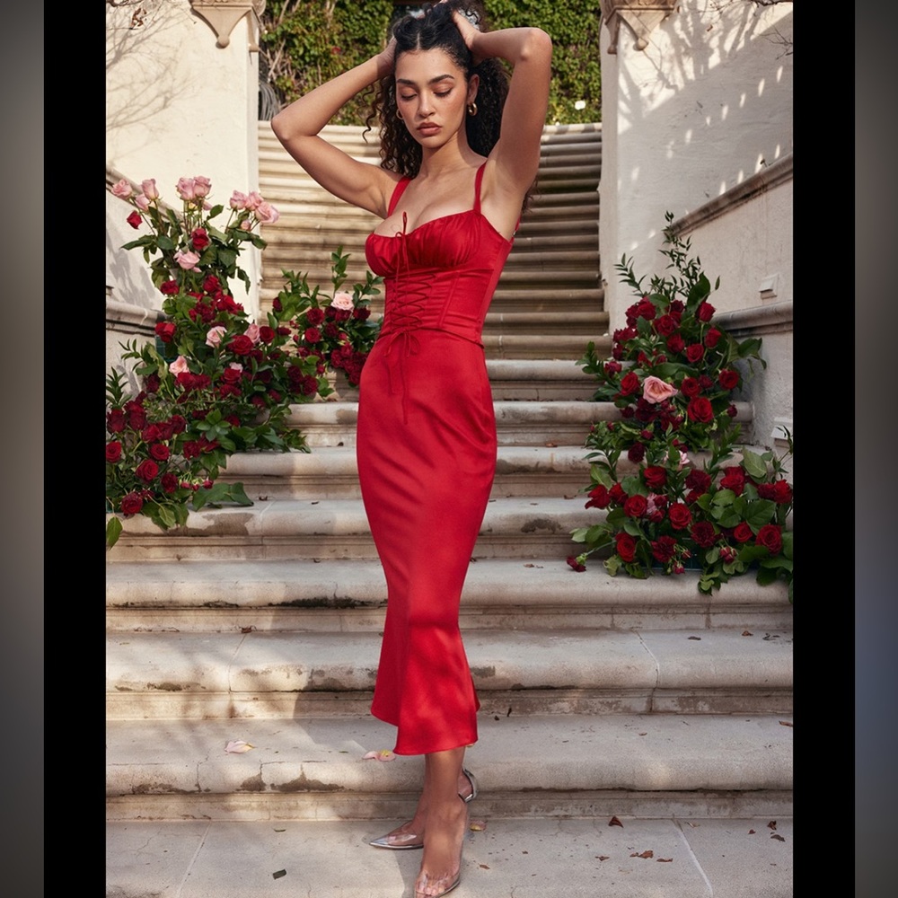 House of CB Red Satin Corset Dress